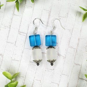 Boho Beach Glass Earrings - Frosted Glass Blue White Silver